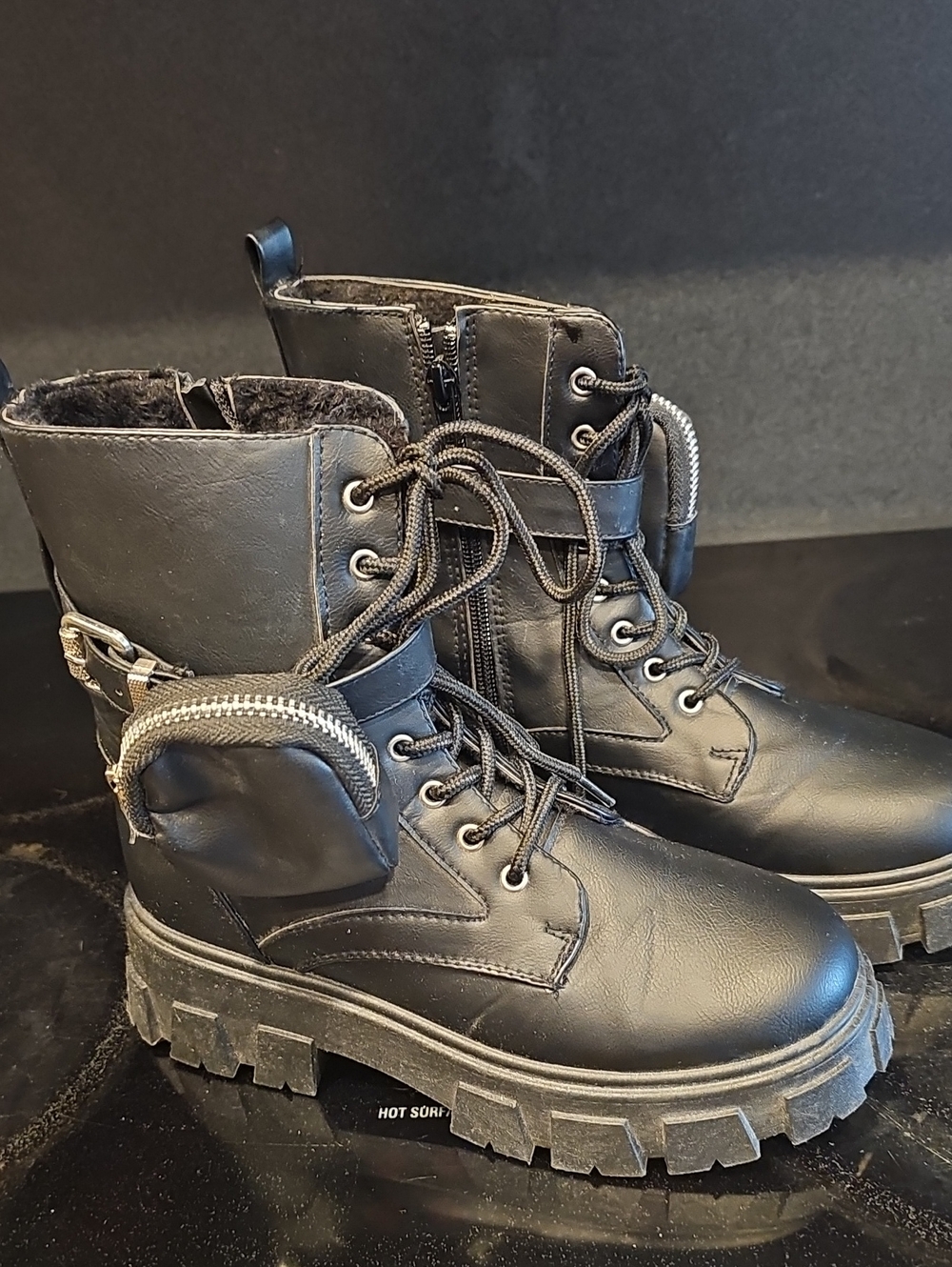Olivia Miller Black Lace-Up Combat Boots with Side Pouch